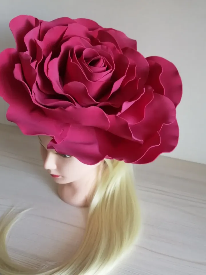 Big Rose Derby hat Wedding Fascinator 13" Bridal Headband crimson giant flowers Hair Clip Vintage hairpins