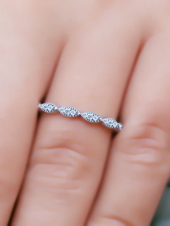 Marquise Shaped Diamond Wedding Band, Diamond Wedding Ring, 14K Solid White Gold Ring, Minimalist Ring, Thin Stacking Ring, Eternity Ring