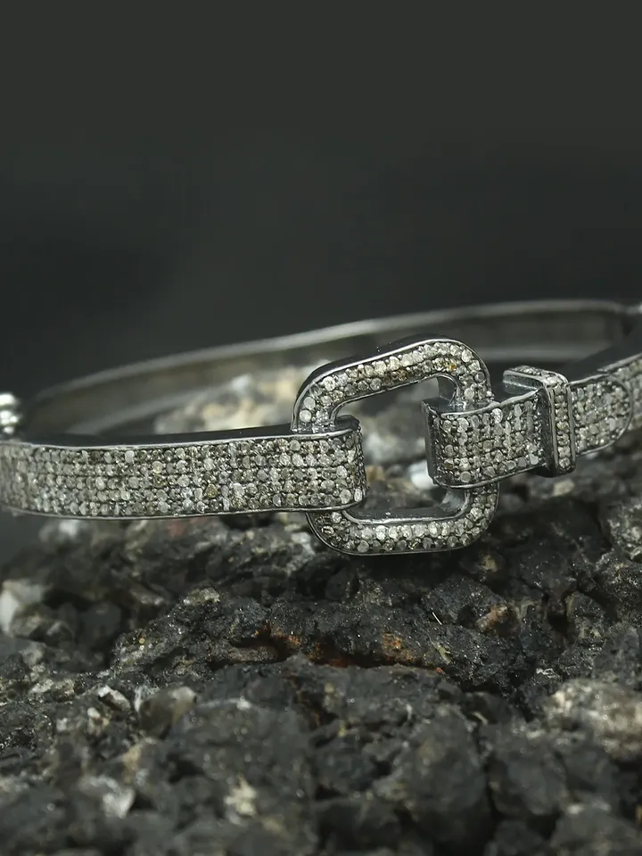 Pave Diamond Bangle, Diamond Cuff Bangle, 925 Sterling Silver Bangle, Antique Look Bangle, Openable Victorian Jewelry, Belt Shape Bangle