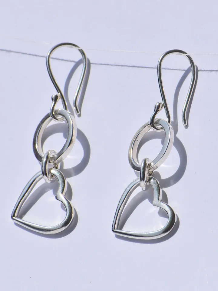 Heart Dangled Earrings, Silver Dangled Earrings, 925 Sterling Silver Earrings, Handmade Earrings, Earlope Earrings, Anniversary Gift For Her
