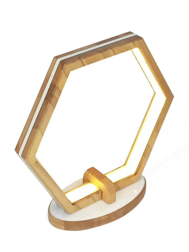 Hexagon LED table lamp, modern desk light, wooden lamp