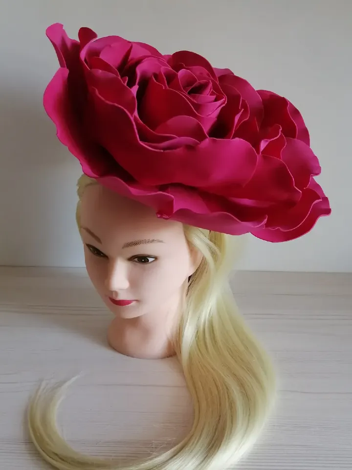 Big Rose Derby hat Wedding Fascinator 13" Bridal Headband crimson giant flowers Hair Clip Vintage hairpins