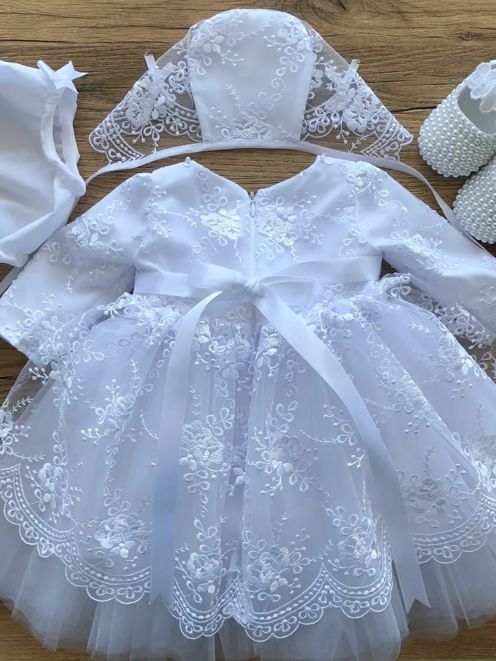 White dress with lace, pearls and tulle, bonnet, panties and shoes for baby girl. Baptism outfit. Christening gown for girl.