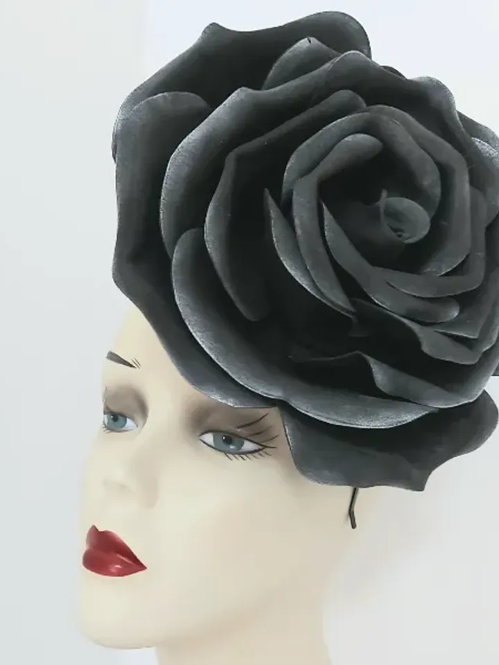 Black Snow Rose Fascinator Magic Flower Hair Clip Wedding Headband Church Hat Halloween Gothic style