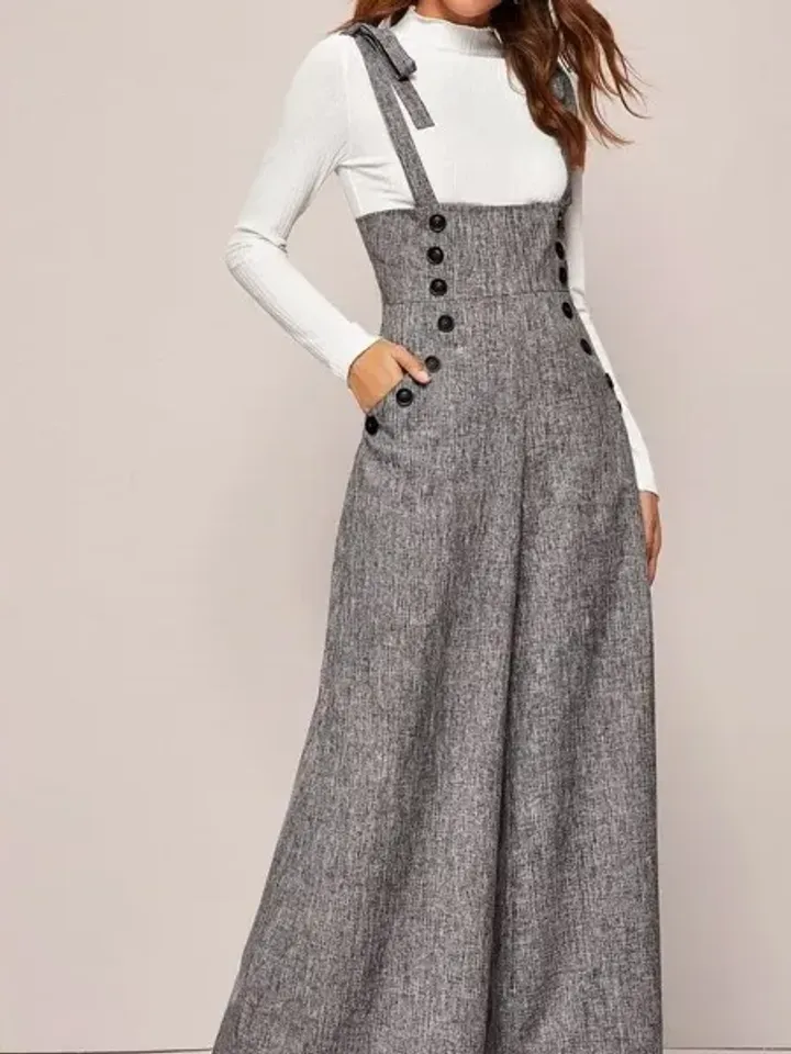 Gray Elegant Straps Double Breasted Pockets High Waist Wide Leg Suspender Jumpsuit Overall Women Ladies