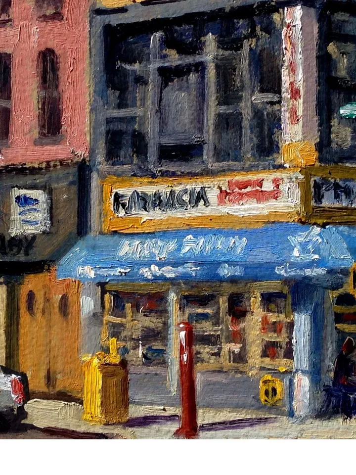 Small New York Cityscape Painting -Farmacia/LES/NYC- 7x7 Oil on Panel, Urban Plein Air Impressionist Fine Art, Signed New York City Original