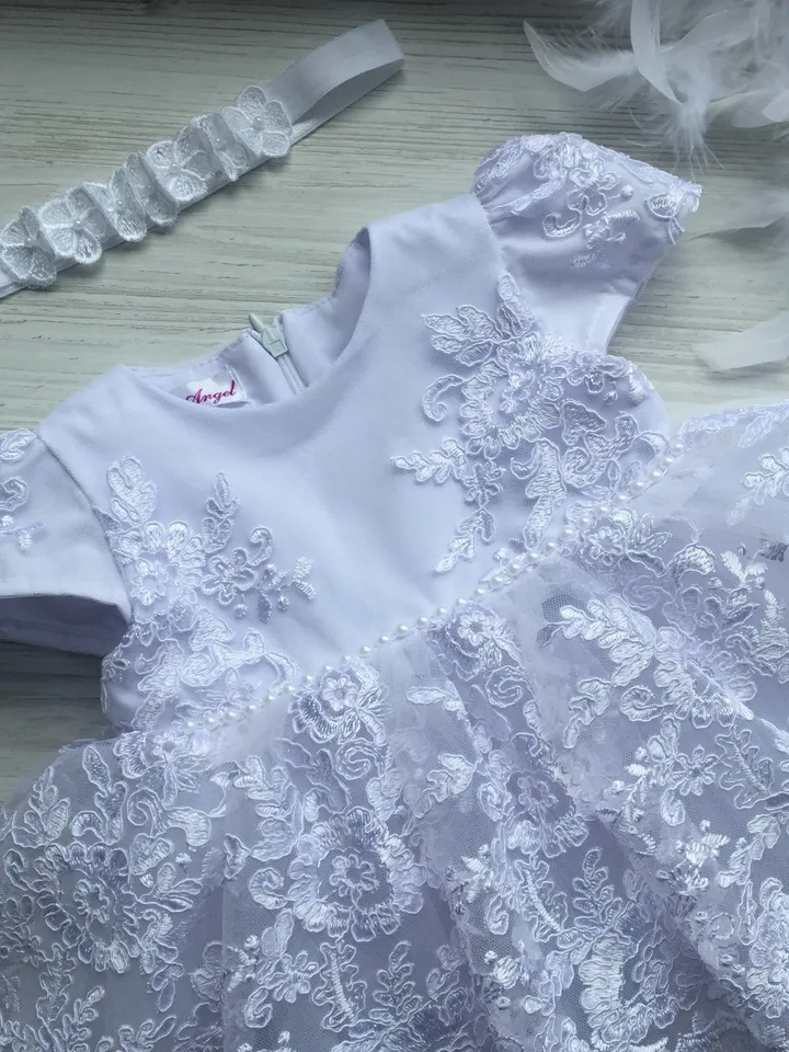White dress with lace, pearls, 3d flowers and headband with 3d flowers. Baptism dress for baby girl. Christening gown for girl.