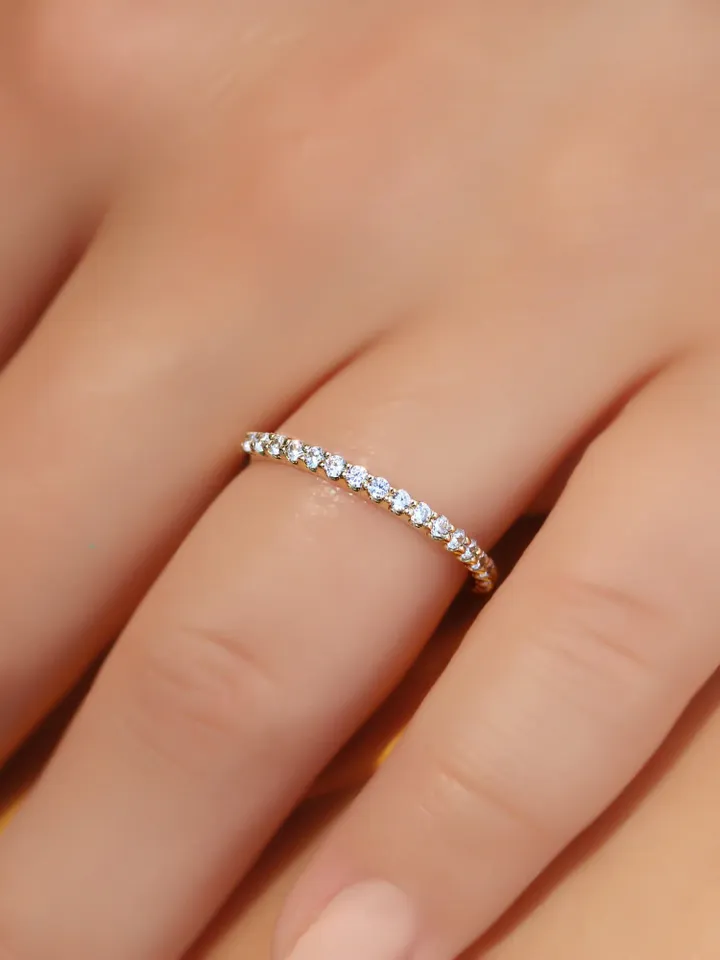 PAVE WEDDING BAND | Women Wedding Simulated Diamond Gold Ring | Half Eternity Stacking Ring | Yellow 18k Solid Gold Ring For Anniversary