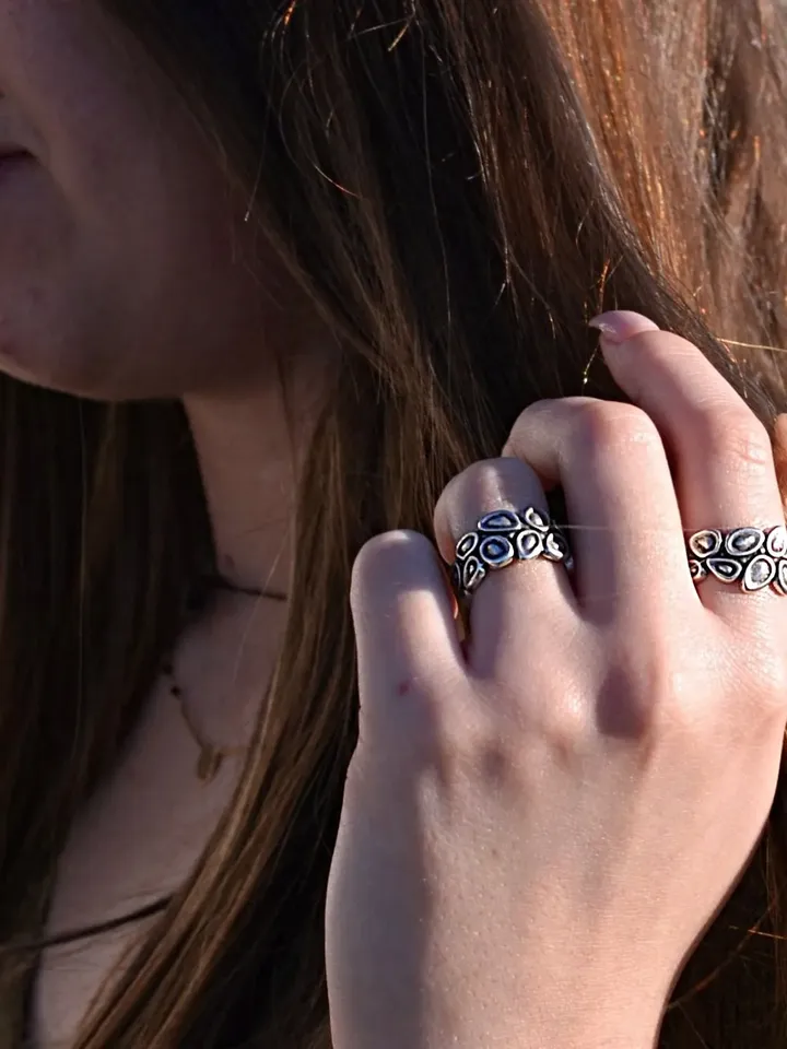 Antique Silver Pebble Ring, Bohemian Geometric Design, Minimal Ring Circles Engraved, Women Open Ring Adjustable, Gifts for Her