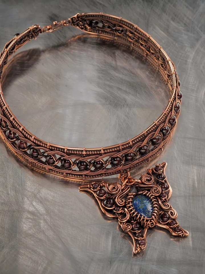 Butterfly choker with pendant Azurite malachite Garnets Copper wire wrapped necklace for lady Unique design WireWrapArt