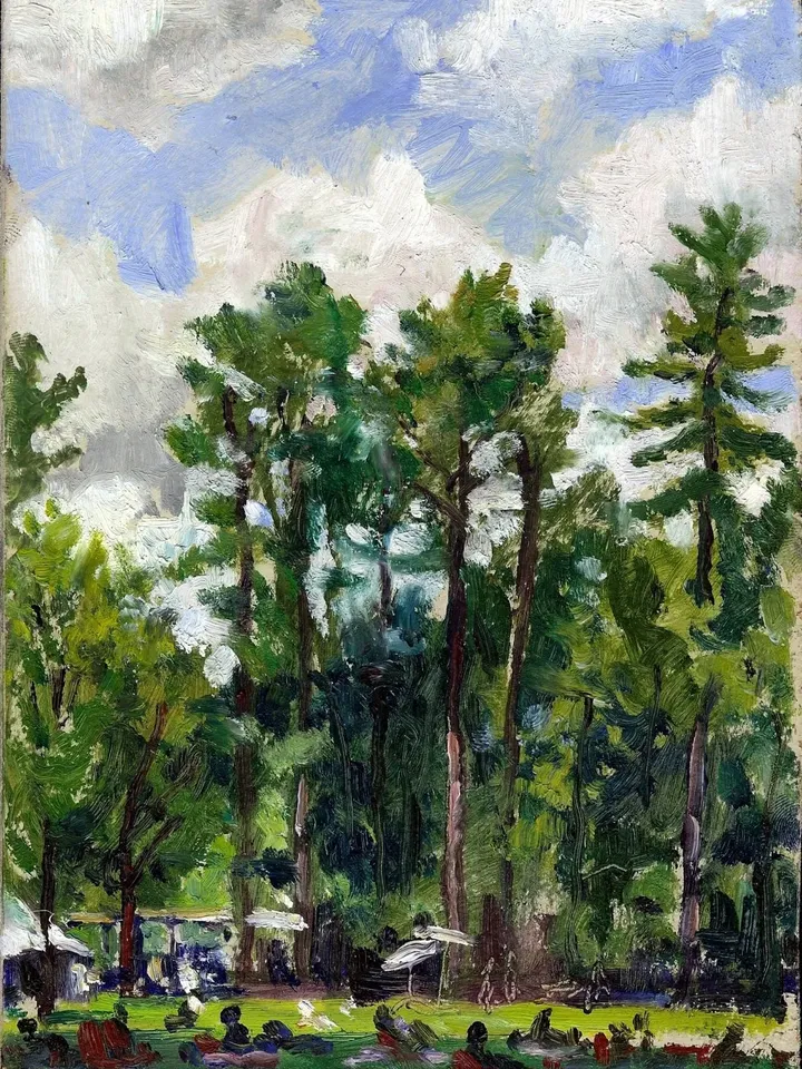 Small Original Tanglewood Landscape Painting -Tall Pines/Summer Sky- 6x8 Impressionist Oil on Panel, Signed Original Berkshires Fine Art