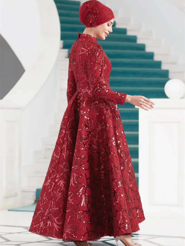 AHUNARE HIJAB - Salkım Burgundy Embroidered Wedding Dress, Muslim Evening Gown, Nikah, Islamic Wedding, Engagement, Bridesmaid,