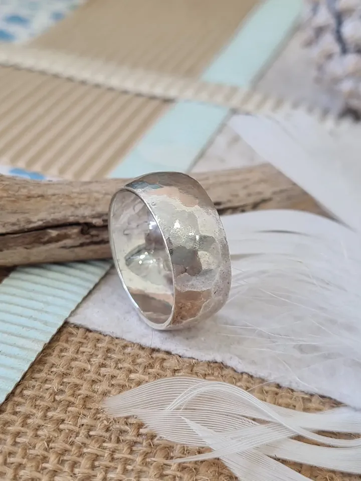 Wide Concave Hammered Sterling Silver Ring