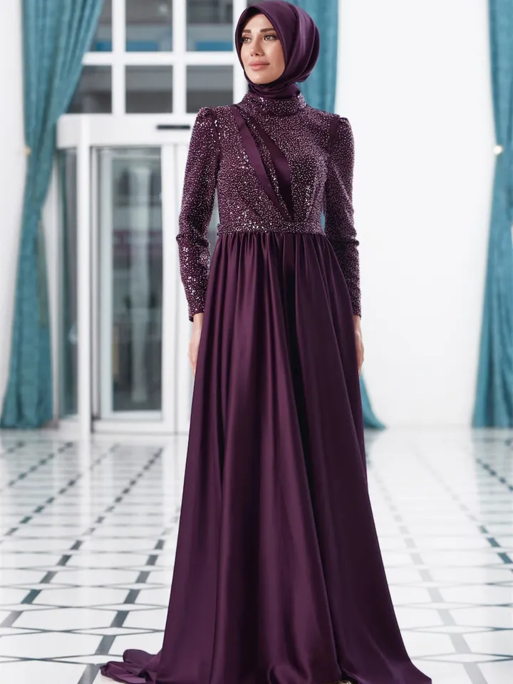 AHUNARE HIJAB - Berra Plum Satin Wedding Dress, Muslim Evening Gown, Nikah, Islamic Wedding, Engagement, Bridesmaid,