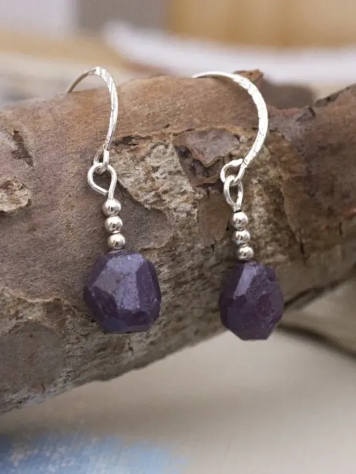 Textured Sterling Silver Hoop Earrings with Raw Afghan Rubies