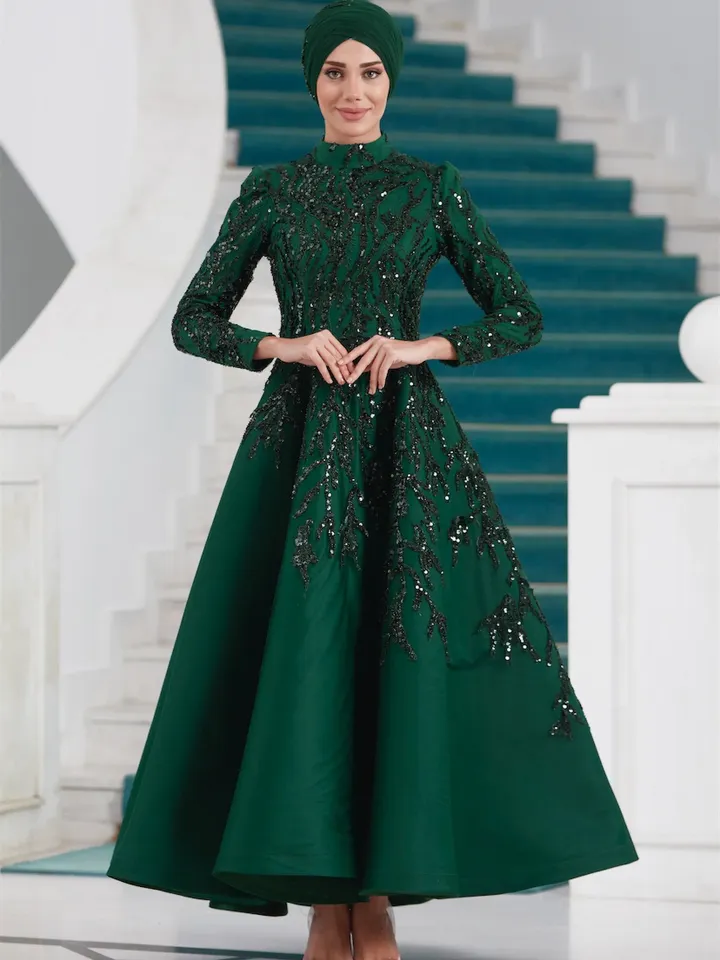 AHUNARE HIJAB - Yıldız Emerald Embroidered Wedding Dress, Muslim Evening Gown, Nikah, Islamic Wedding, Engagement, Bridesmaid,
