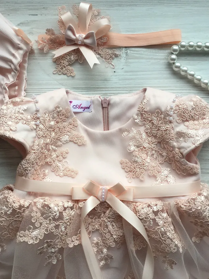 Baptism outfit for girl. Christening gown for girl. First birthday dress. Dress with lace. Dress, headband and panties. Take home outfit.