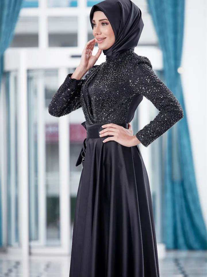 AHUNARE HIJAB - Balık Saten Black Satin Mermaid Wedding Dress, Muslim Evening Gown, Nikah, Islamic Wedding, Engagement, Bridesmaid,