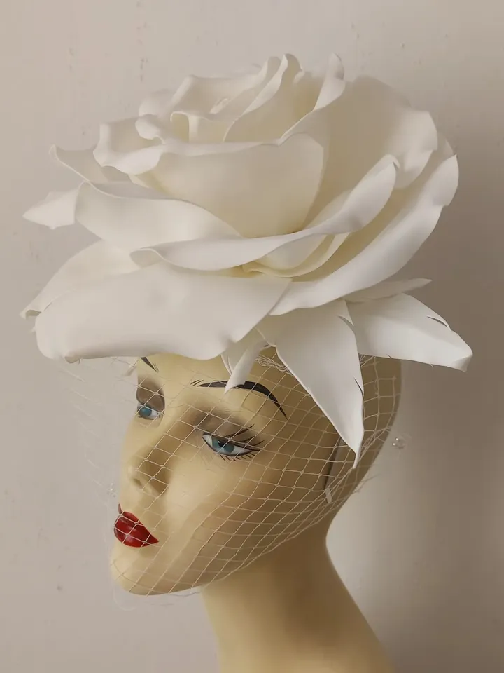 Large white rose veil Fascinator, Kentucky Derby Hat Wedding Headband, Bride 2024
