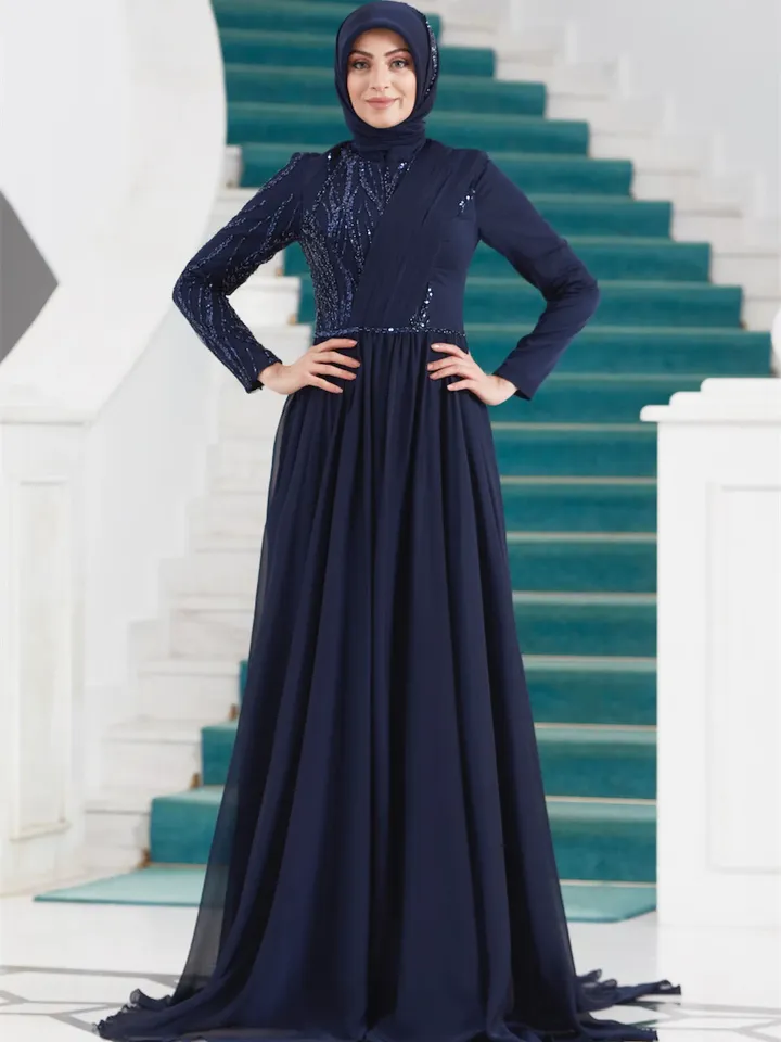 AHUNARE HIJAB - Dila Navy Blue Chiffon Wedding Dress, Muslim Evening Gown, Nikah, Islamic Wedding, Engagement, Bridesmaid,