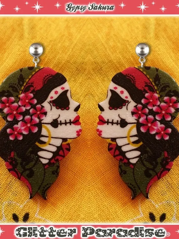 Gypsy Sakura - Earrings - Dia de Los Muertos - Calavera - Day of The Dead - Muerta - Sugar Skull - Mexican Folk - Frida - Glitter Paradise®