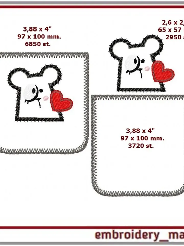 ITH embroidery design Pocket with applique of a in love mouse