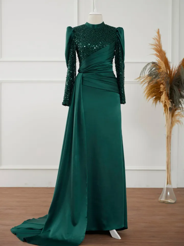 Karel Emerald Satin Side-Tailed Embroidered Wedding Dress, Muslim Evening Gown, Nikah, Islamic Wedding, Engagement, Bridesmaid,
