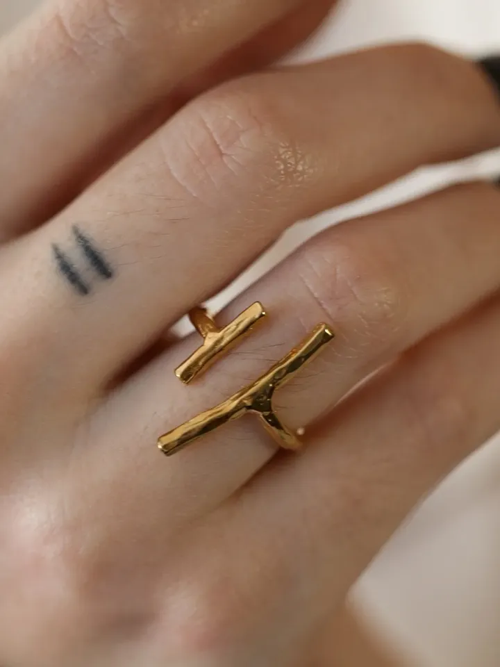 Asymmetrical Parallel Bar Ring 24k Gold or Silver Plated, Modern Parallel Two Bars Ring, Stacking Open Ring for Her Minimalist Jewelry Women