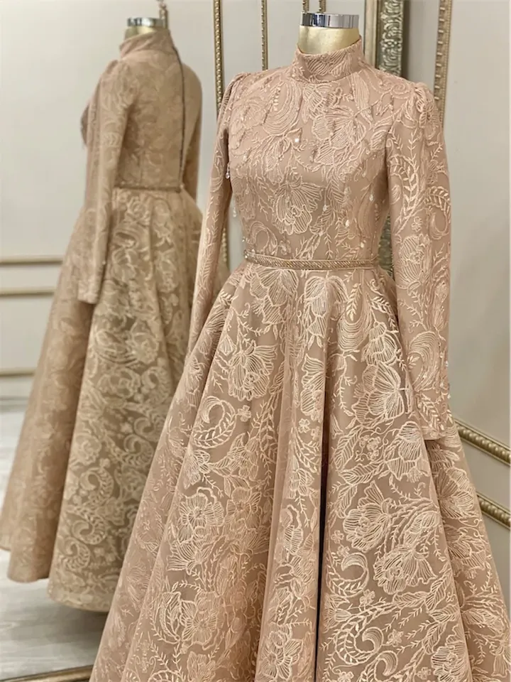 AHUNARE HIJAB - Burç Mink Lace Embroidered Wedding Dress, Muslim Evening Gown, Nikah, Islamic Wedding, Engagement, Bridesmaid,