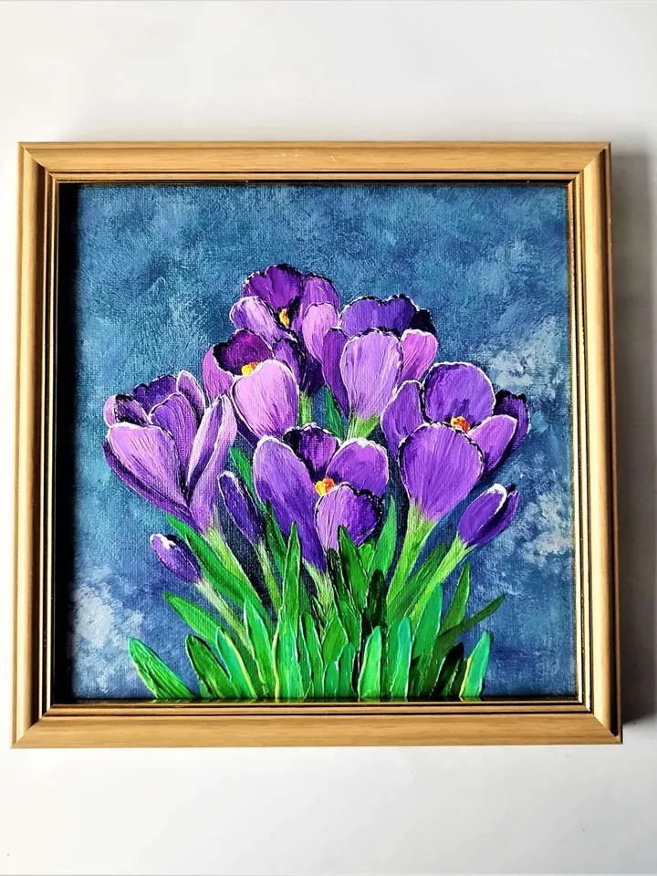 Crocuses painting Crocus bouquet Impasto painting artwork Purple Flowers palette knife painting
