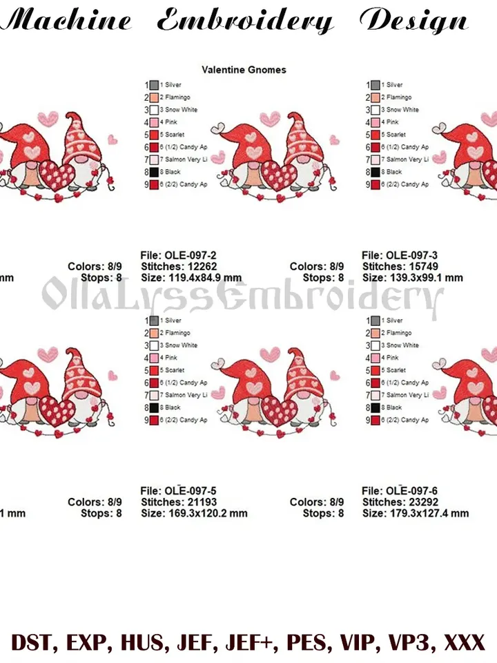 Valentine Gnomes digital machine embroidery design in 6 sizes