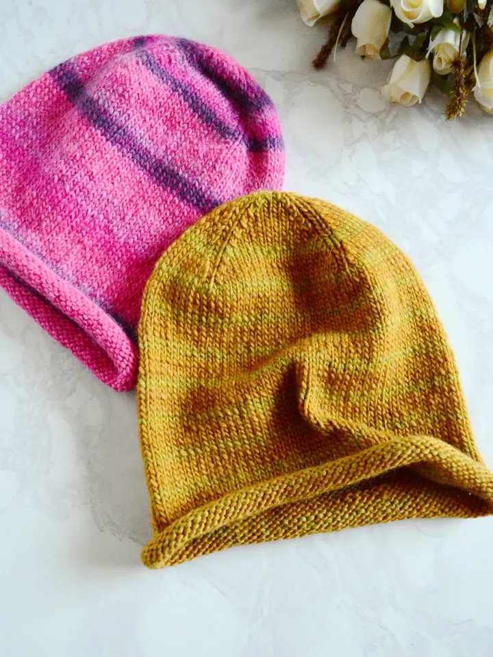 Knitted mustard colored beanie hat for women