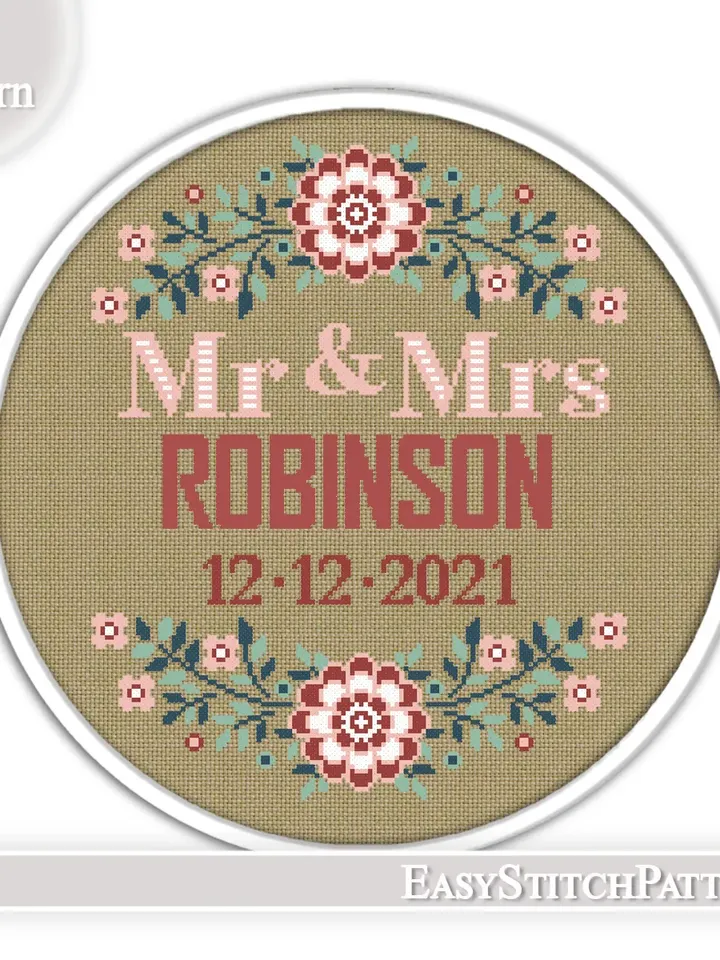 Wedding cross stitch pattern. DIY. Border cross stitch. Anniversary. Floral Wreath cross stitch.