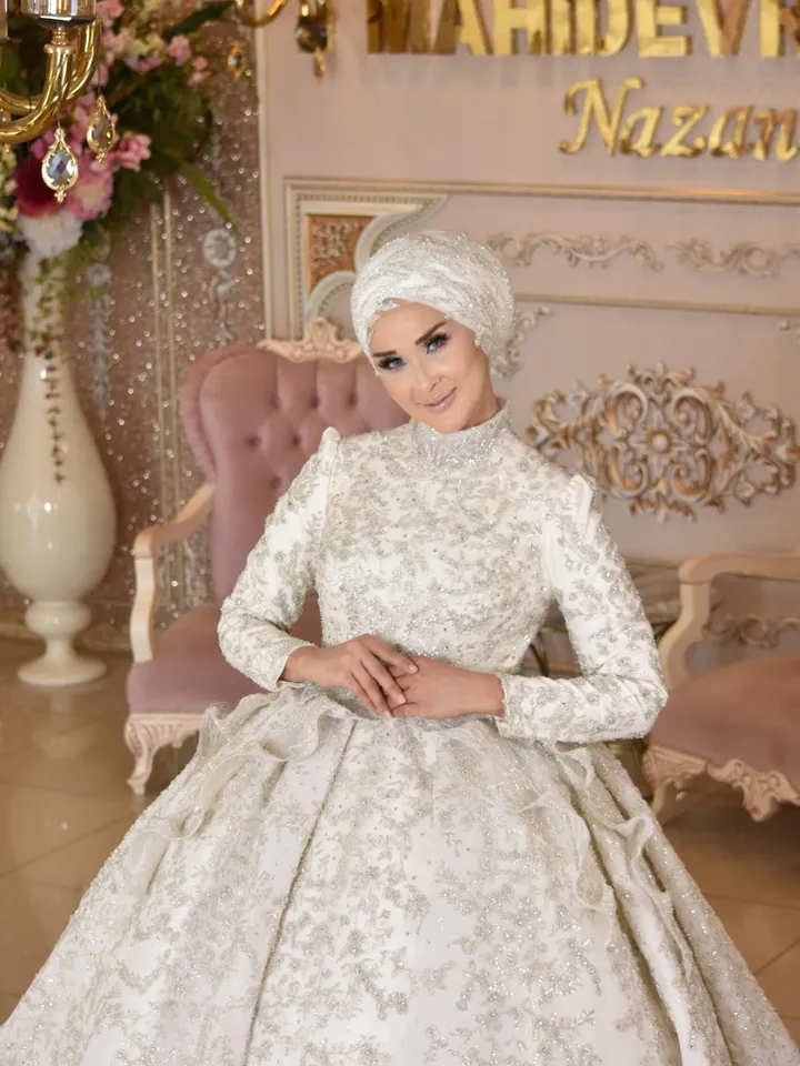 Anka White Peplum Embroidered Princess Wedding Gown, Bridal, Muslim Wedding, Hijab Wedding, White Wedding Dress, Islamic Wedding