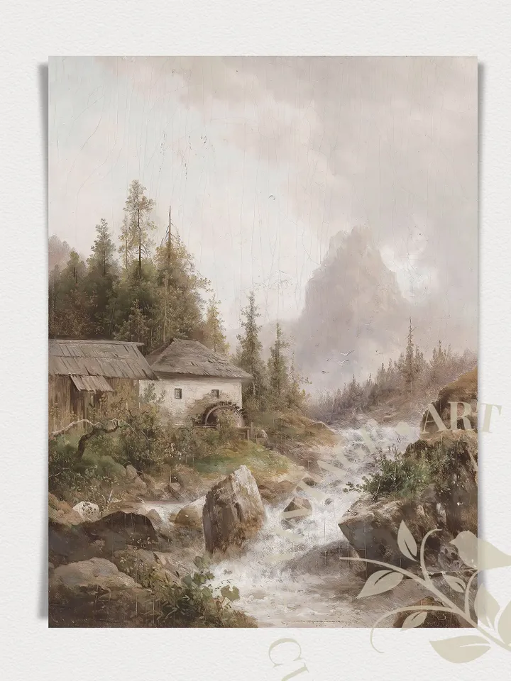 Scandinavian Art Norway Print, Waterfall Painting Norway landscape Art, Vintage Oil Painting PRINTABLE | 17