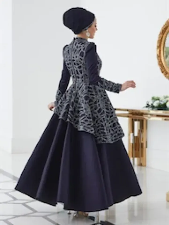 Hürrem Navy Blue Satin Embroidered Ahunare Wedding Dress, Muslim Evening Gown, Nikah, Islamic Wedding, Engagement, Bridesmaid, Maxi Dress