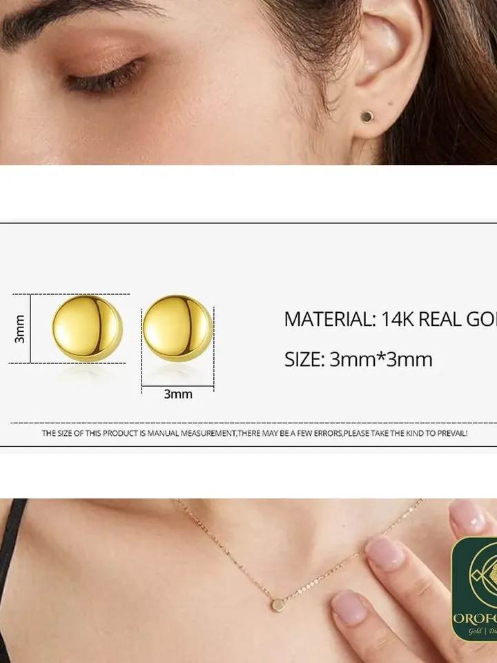 14k 3mm Gold Round Solid Stud Earrings for Women Pushback Earlobe Minimalistic Dainty Anniversary Birthday Gift for her