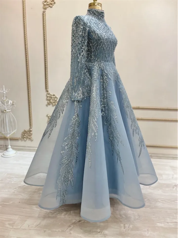 AHUNARE HIJAB - Şirin  Blue Embroidered  Wedding Dress, Muslim Evening Gown, Nikah, Islamic Wedding, Engagement, Bridesmaid,