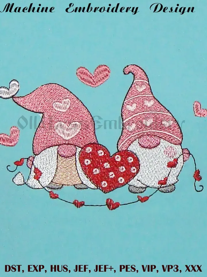 Valentine Gnomes digital machine embroidery design in 6 sizes