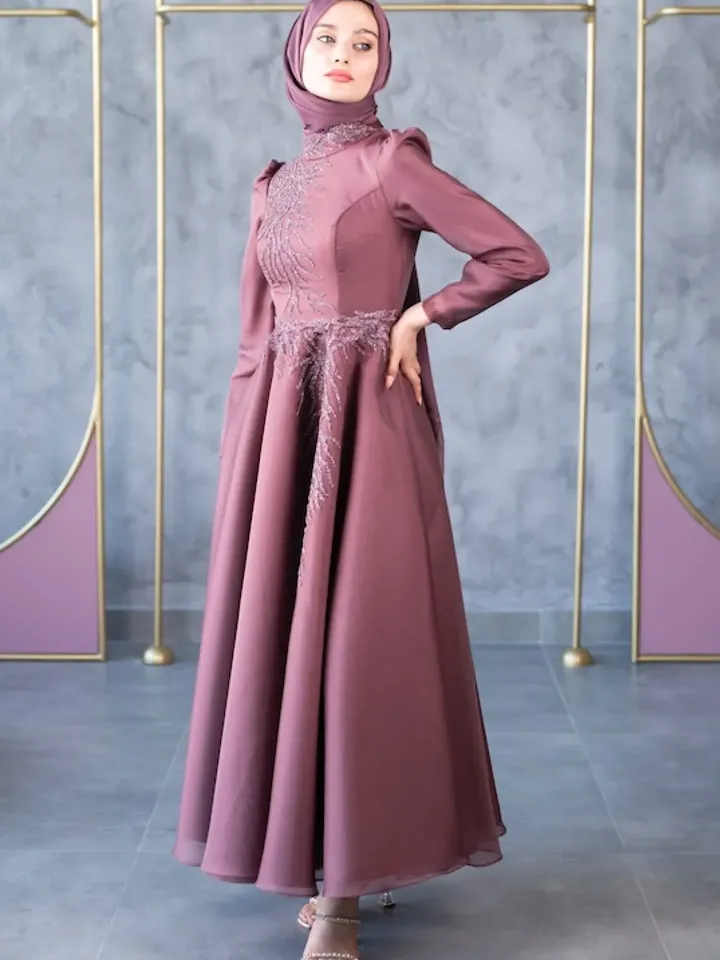 AHUNARE HIJAB - Mimoza Dried Rose Embroidered Wedding Dress, Muslim Evening Gown, Nikah, Islamic Wedding, Engagement, Bridesmaid,