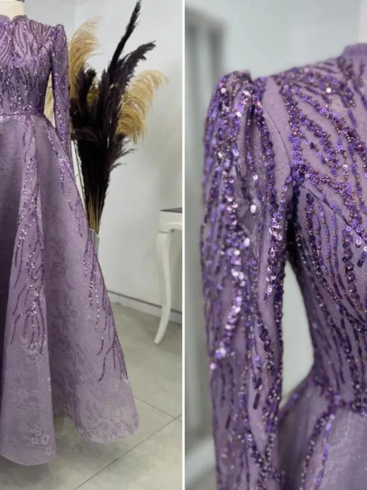 AHUNARE HIJAB - Çırağan Lilac Embroidered Wedding Dress, Muslim Evening Gown, Nikah, Islamic Wedding, Engagement, Bridesmaid,