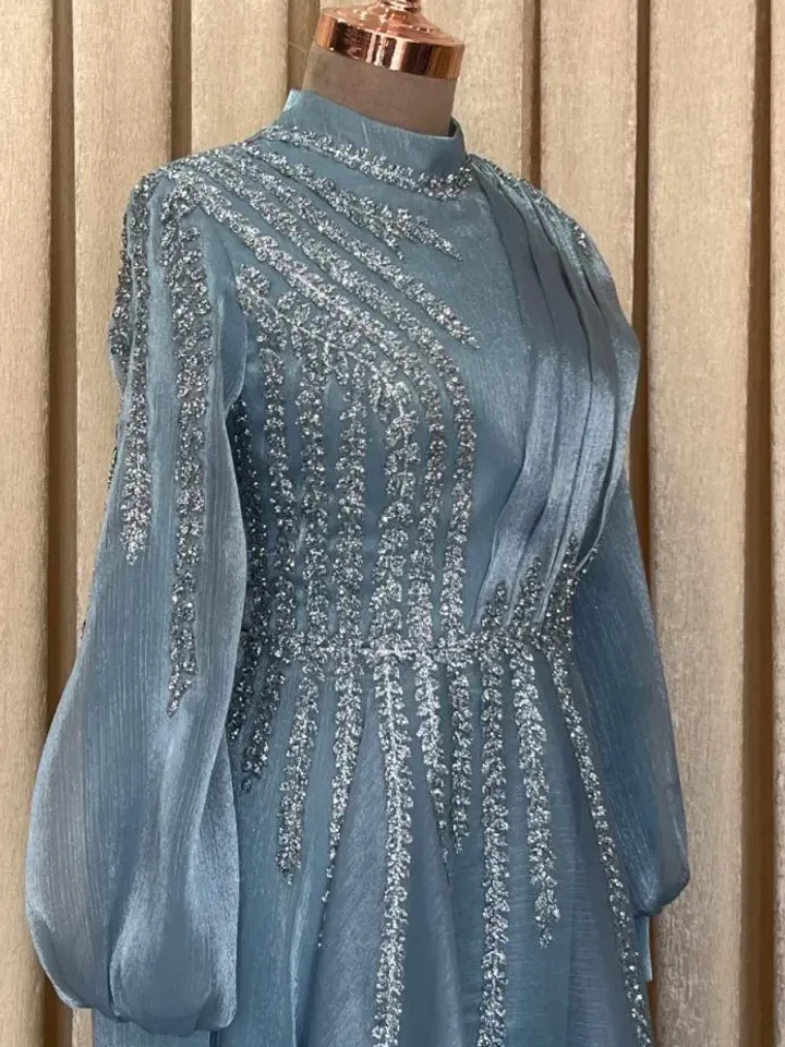 AHUNARE HIJAB - Çağla Aqua Glitter Chiffon Princess Wedding Dress, Muslim Evening Gown, Nikah, Islamic Wedding, Engagement, Bridesmaid,
