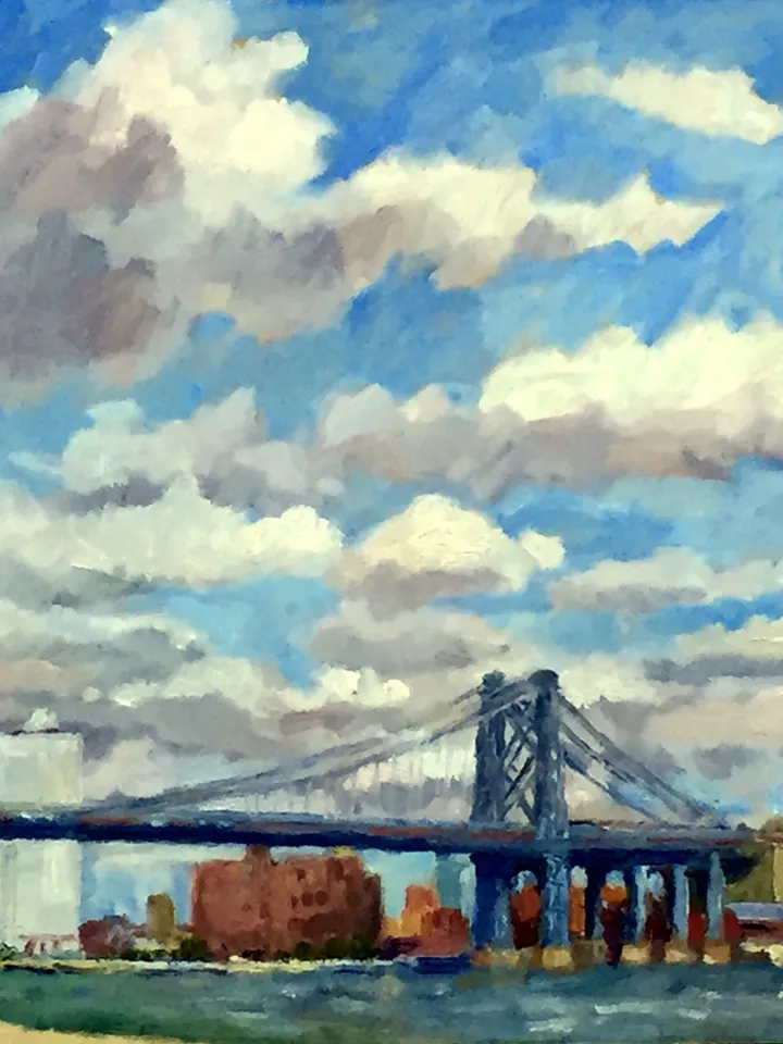 New York City Landscape Painting -Williamsburg Bridge/NYC Summer Sky- 11x14 Oil on Panel, Contemporary Impressionist Fine Art