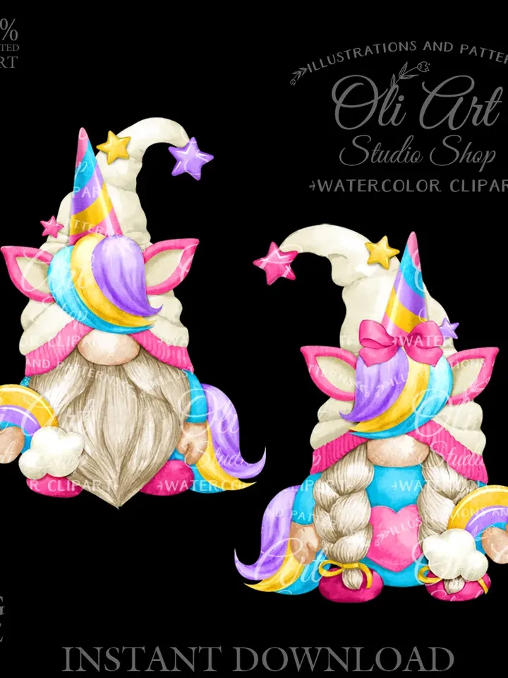 Unicorn Gnome Clip Art. Unicorn Rainbow. Hand Drawn Graphics, Instant Download. Digital Download. OliArtStudioShop