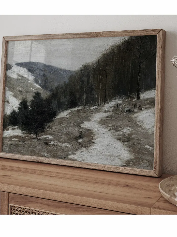 Vintage Winter Forest Landscape Painting, Printable Moody Green Country Scenery, Digital Download | 350