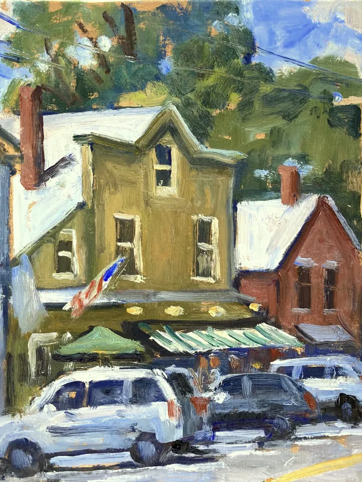 Original Berkshires Landscape Painting - Main Street/West Stockbridge- 8x8 Oil on Panel, Plein Air Impressionism, Signed Original