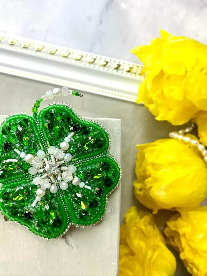 Clover Brooch, Beaded Jewelry, Handmade Embroidered Accessory, Light Green Shamrock Pin, Leaf Brooch, Handmade Brooch