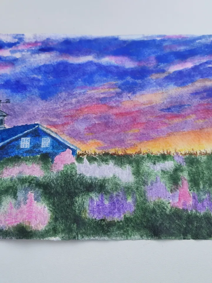 Sunset painting original watercolor art flower fields village landscape