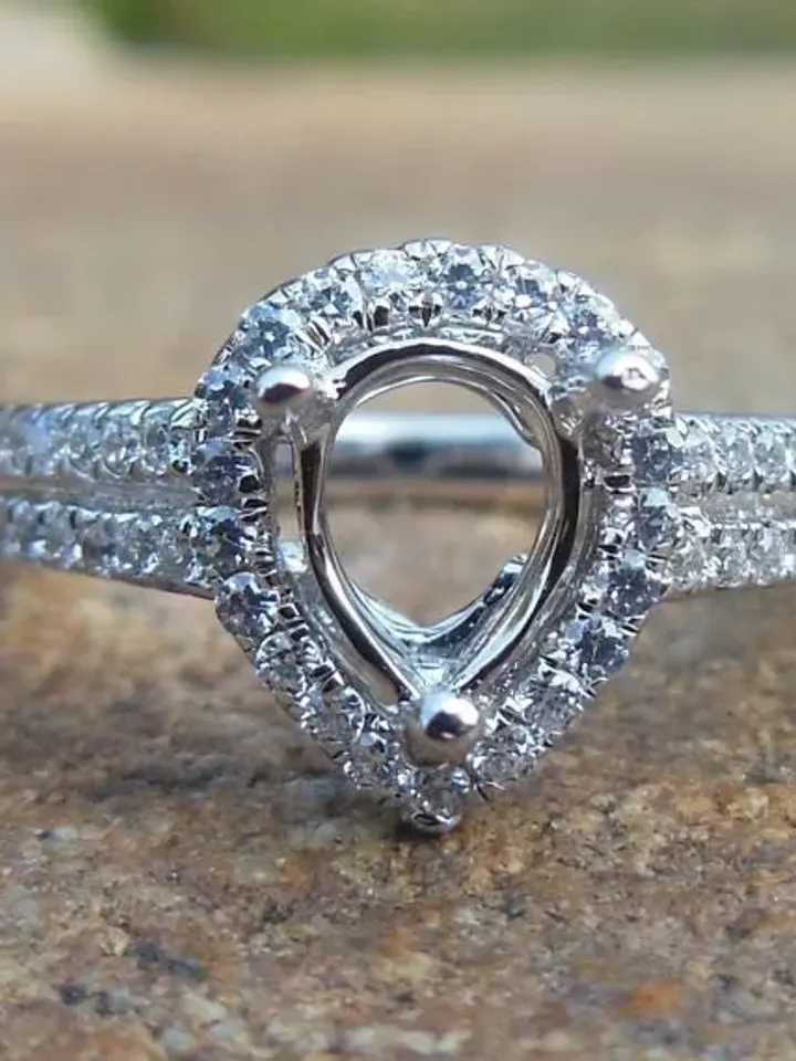 Pear Cut Engagement, Solid 14K White Gold 4x6MM Pear Shape Fashion Semi Mount Ring, Pear Engagement Ring, Ring For Pear Cut Diamond