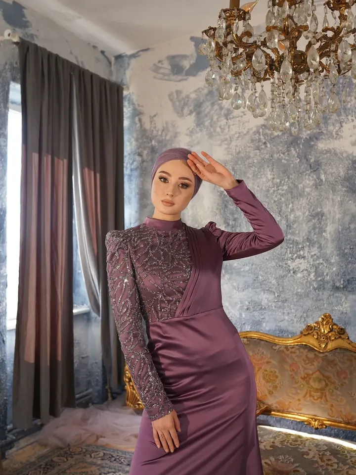 AHUNARE HIJAB - Zade Satin Plum Peplum Wedding Dress, Muslim Evening Gown, Nikah, Islamic Wedding, Engagement, Bridesmaid,